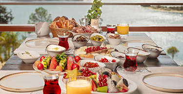 A view of the grand breakfast buffet, served daily to guests at the D Maris Bay resort, from the Terrace restaurant.